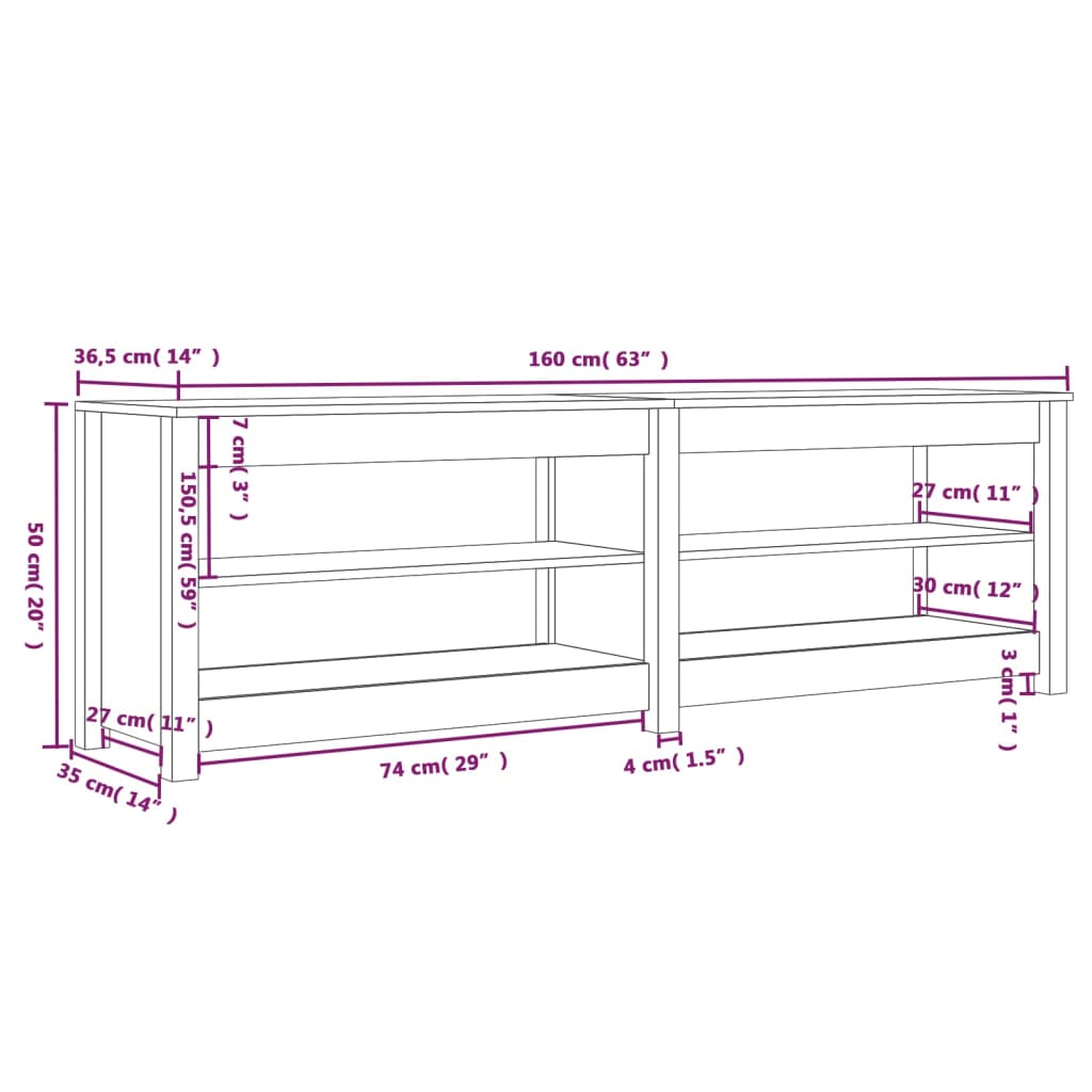 Fekete tömör fenyőfa cipőtároló pad 160 x 36,5 x 50 cm