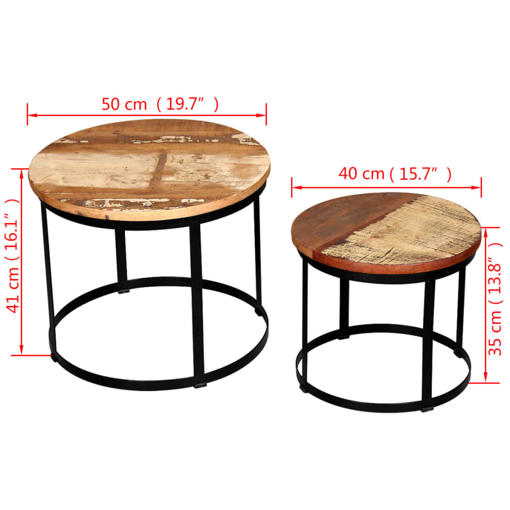 2 db kerek tömör újrahasznosított fa dohányzóasztal 40/50 cm