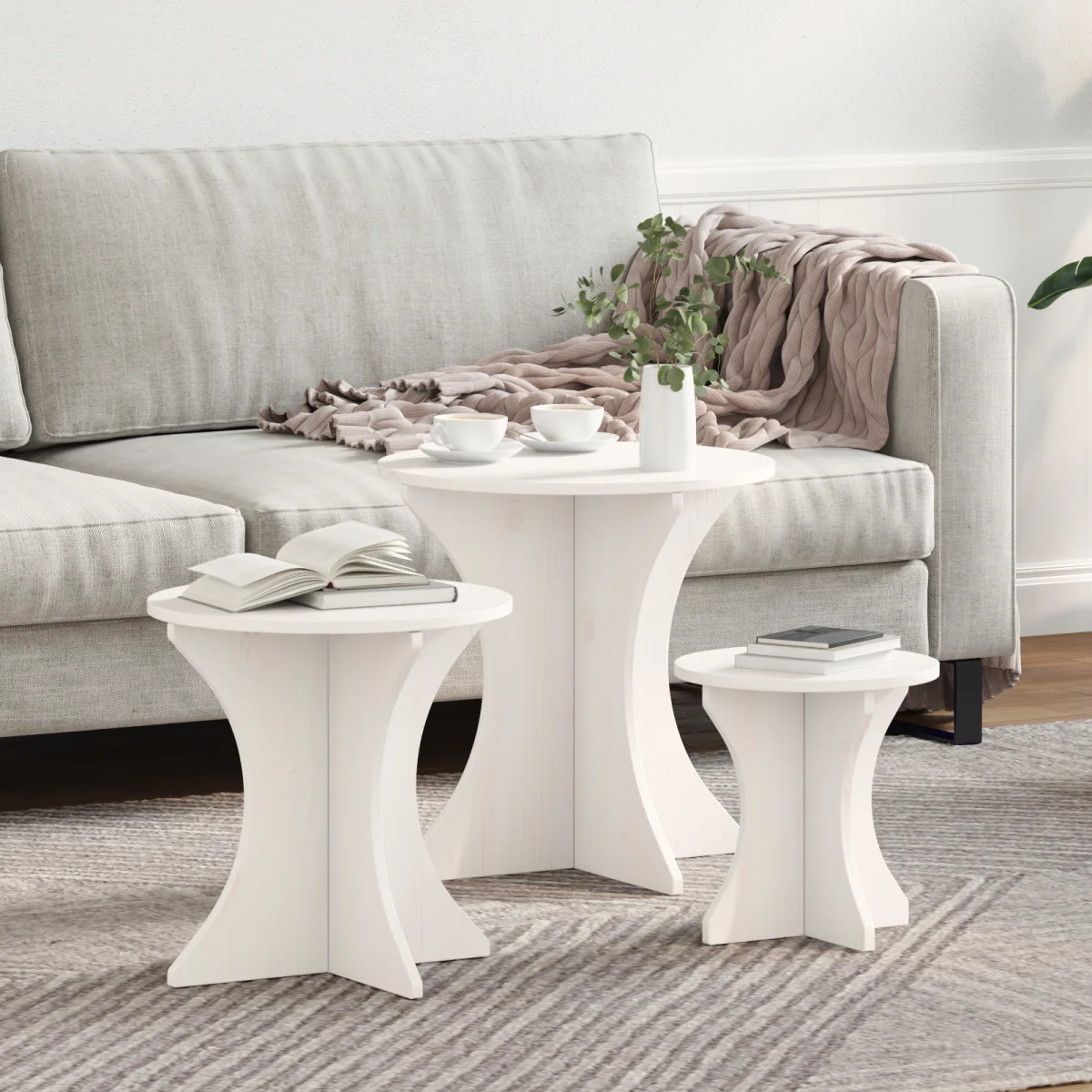 Kávasztal Szett 3 pcs Fehér 46 x 46 x 47 cm Tömör fenyőfa