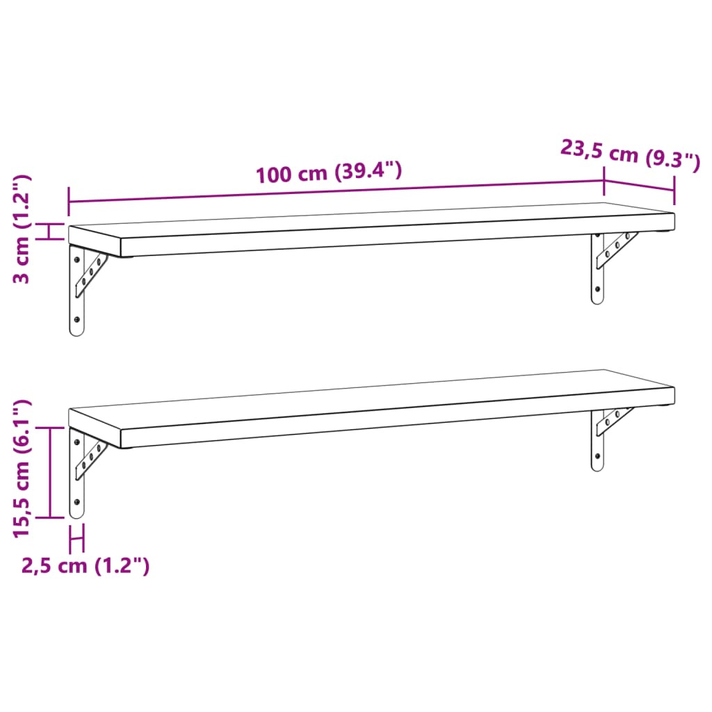 2 db ezüstszínű rozsdamentes acél fali polc 100 x 23,5 cm