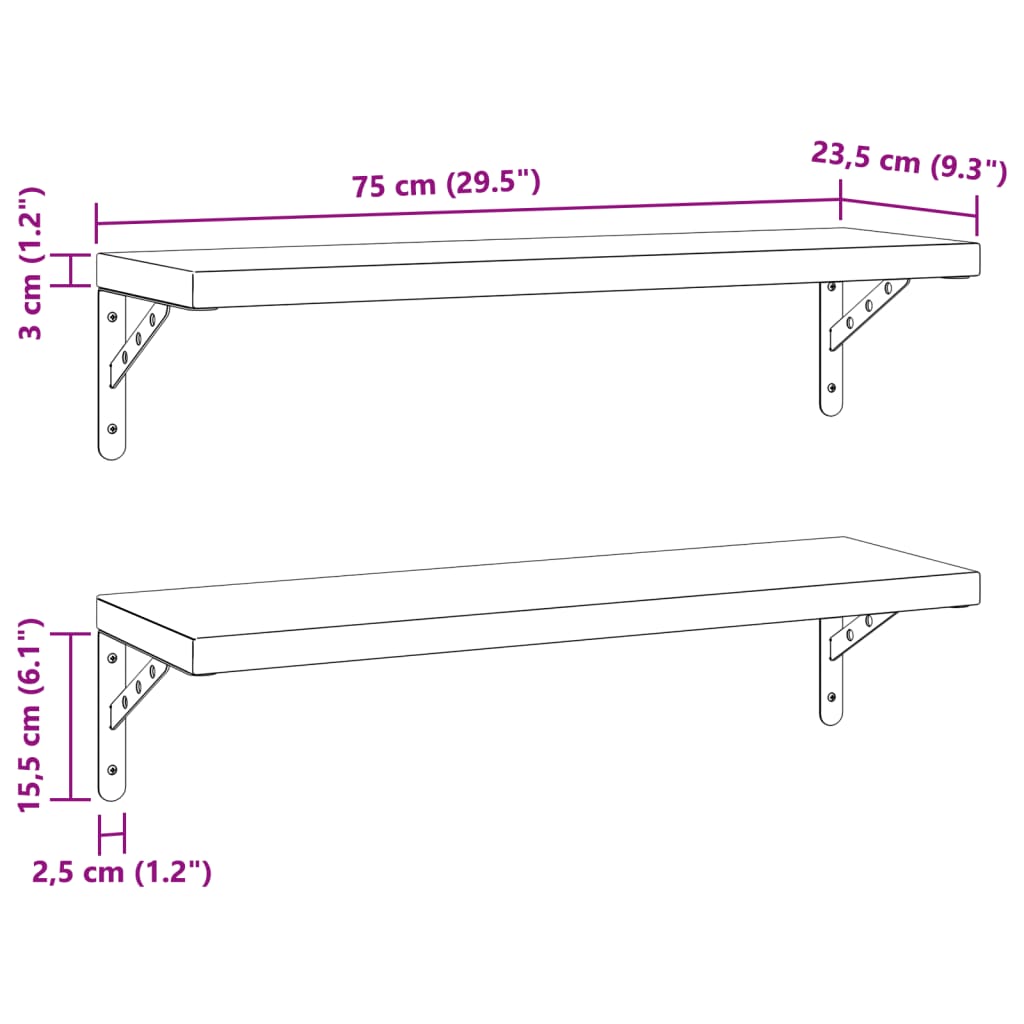 2 db ezüstszínű rozsdamentes acél fali polc 75 x 23,5 cm