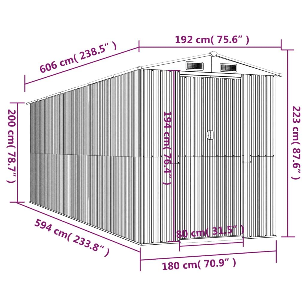 Sötétbarna horganyzott acél kerti fészer 192 x 606 x 223 cm