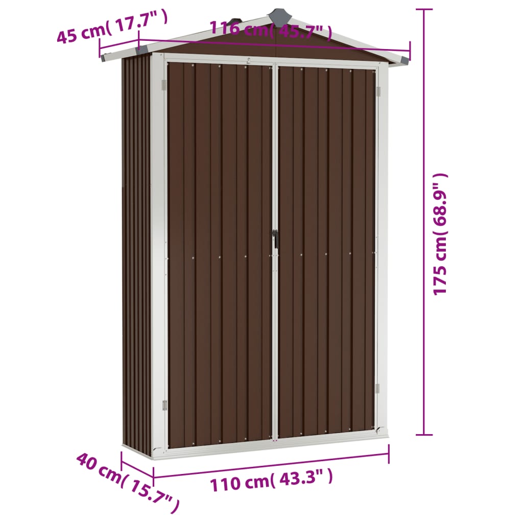 Barna horganyzott acél kerti fészer 116x45x175 cm