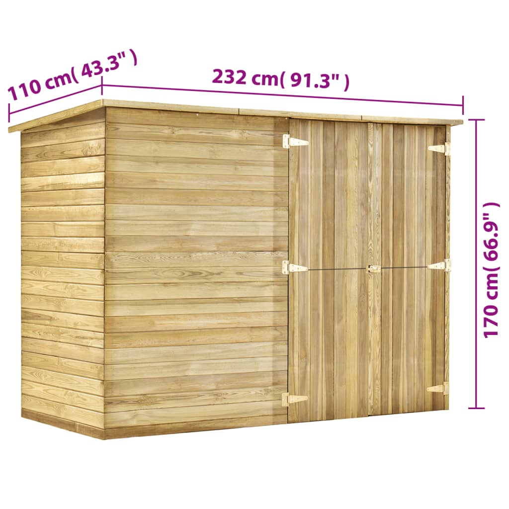 Impregnált fenyőfa kerti fészerház 232 x 110 x 170 cm