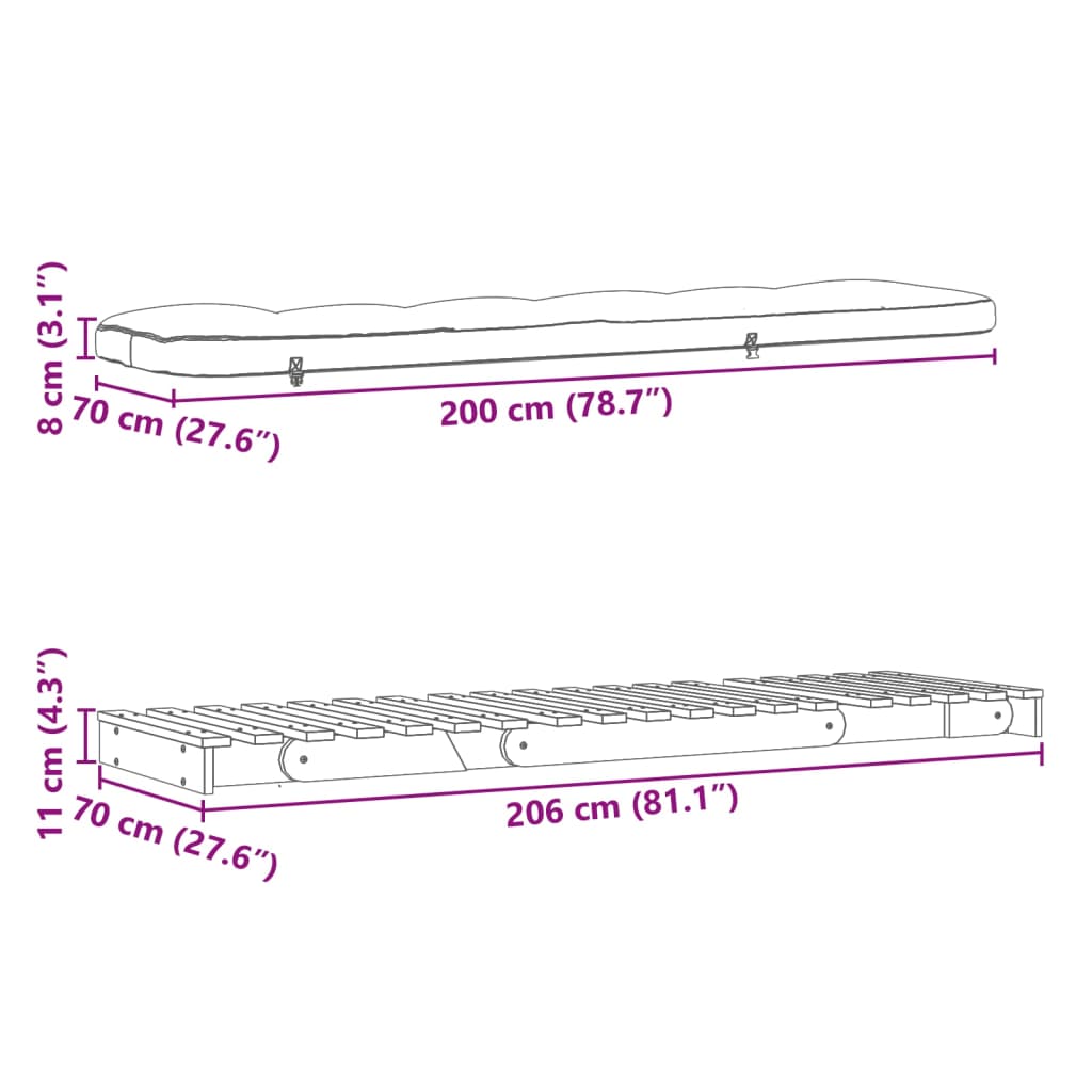 Tömör impregnált fenyőfa futon kanapéágy matraccal 70x206x11 cm