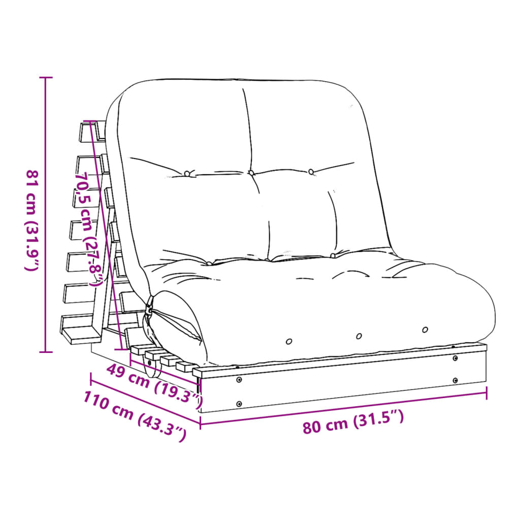 Tömör duglászfenyő futon kanapéágy matraccal 80 x 206 x 11 cm