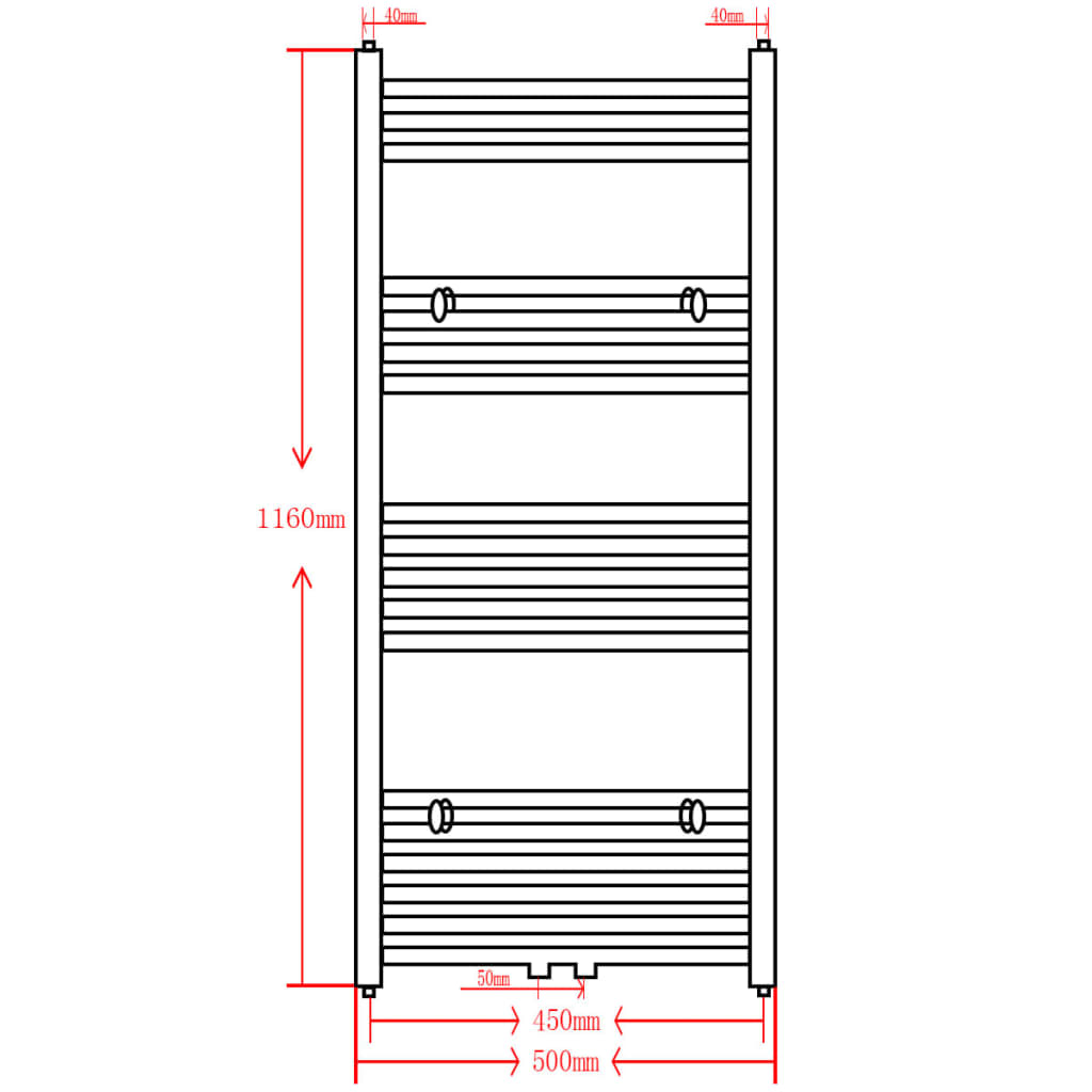 Fekete fürdőszobai egyenes törölközőtartó központi fűtéssel 500x1160mm