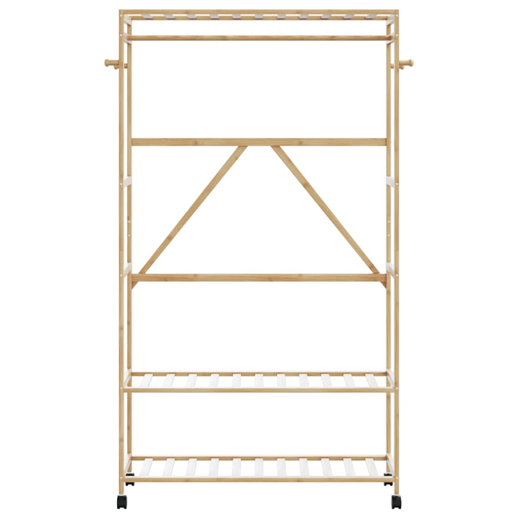 Bambusz ruhaállvány polcokkal és kerekekkel 110x40x180 cm