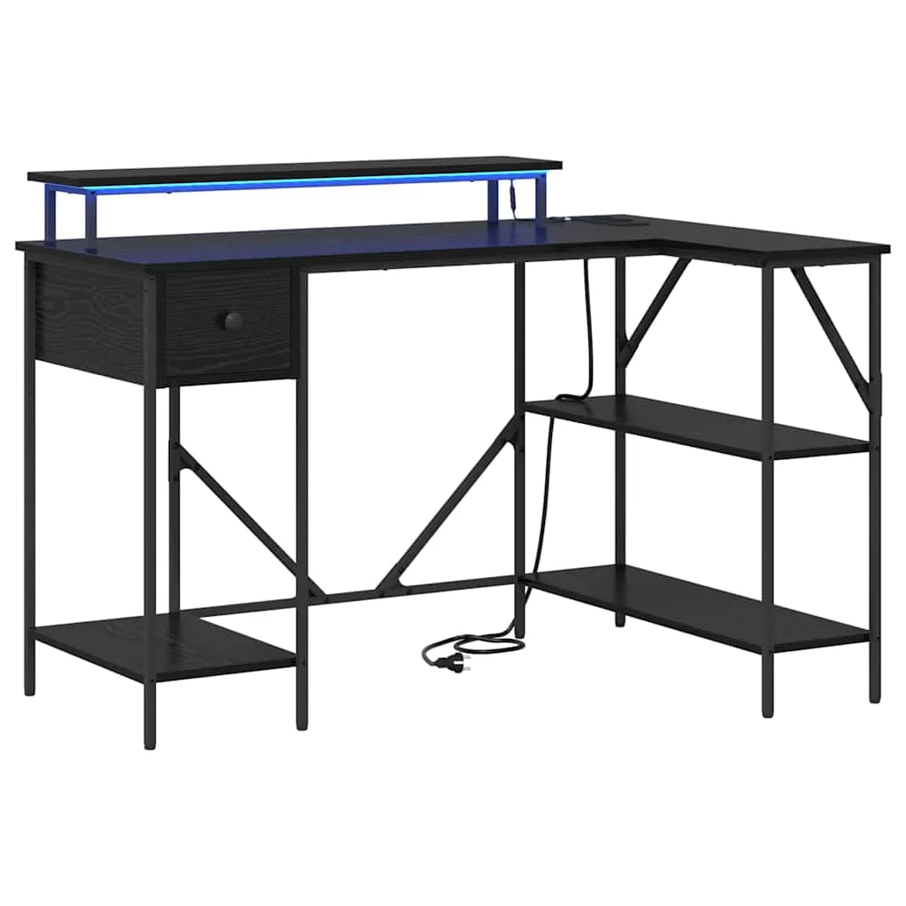 Asztal LED -es lámpákkal fiókkal polcokkal tárolóval Musta tammi 120 x 79 x 86.5 cm Faanyag