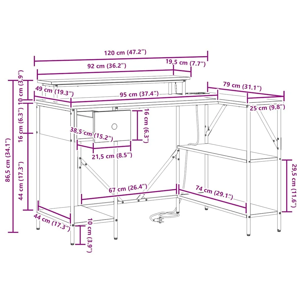 Asztal LED -es lámpákkal fiókkal polcokkal tárolóval Musta tammi 120 x 79 x 86.5 cm Faanyag