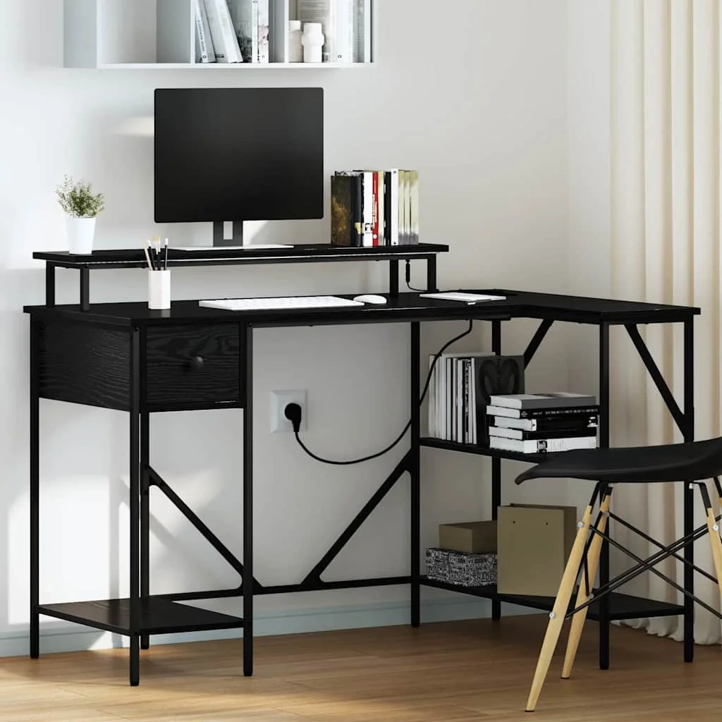 Asztal LED -es lámpákkal fiókkal polcokkal tárolóval Musta tammi 120 x 79 x 86.5 cm Faanyag