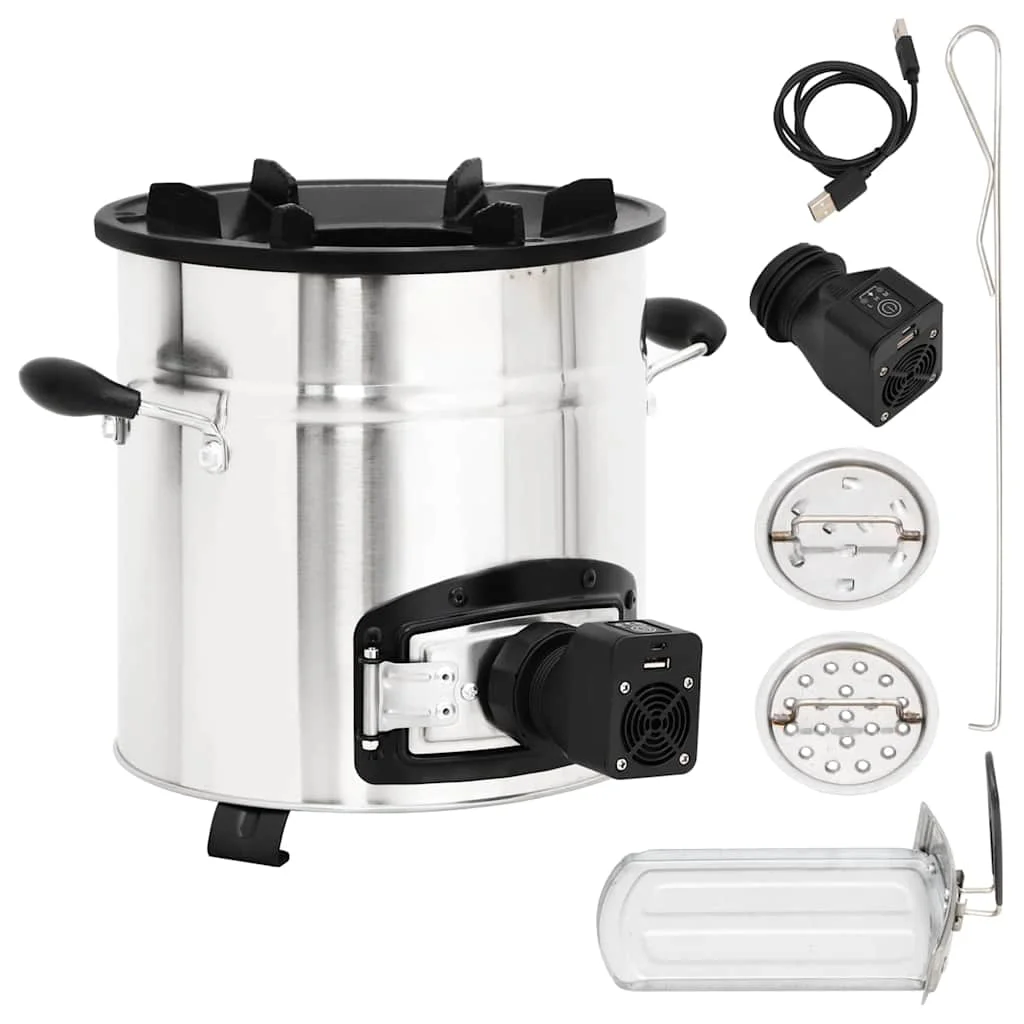 Ezüst acél fatüzelésű tűzhely USB-s légfúvóval 35,5x26x28 cm