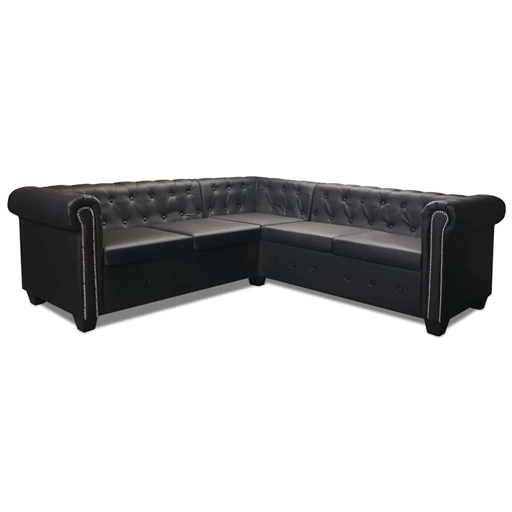 5 személyes fekete műbőr Chesterfield sarokkanapé 