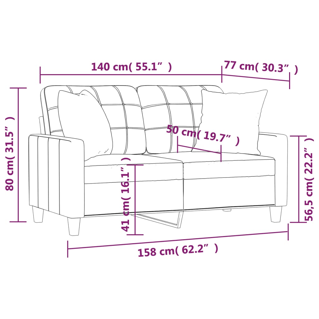 2 személyes cappuccino színű műbőr kanapé díszpárnákkal 140 cm