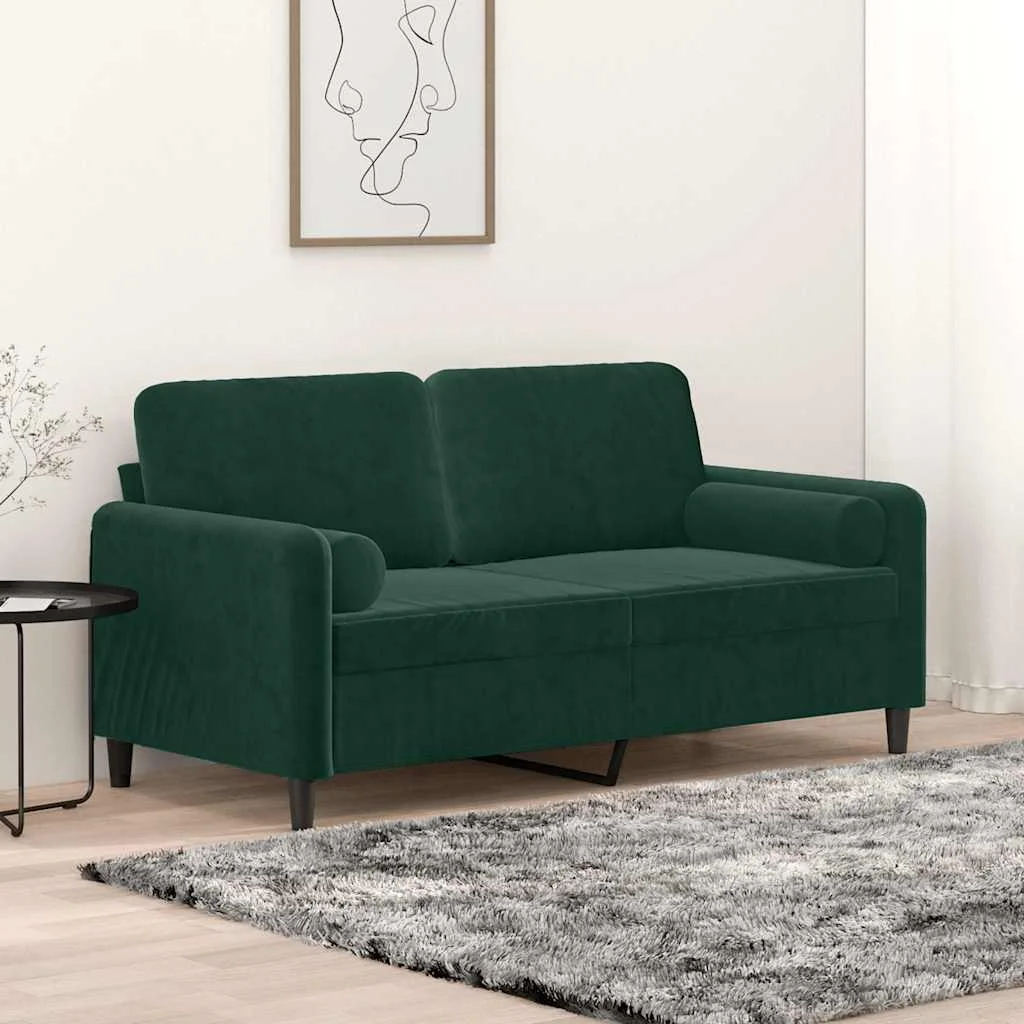 2 személyes sötétzöld bársony kanapé díszpárnákkal 140 cm