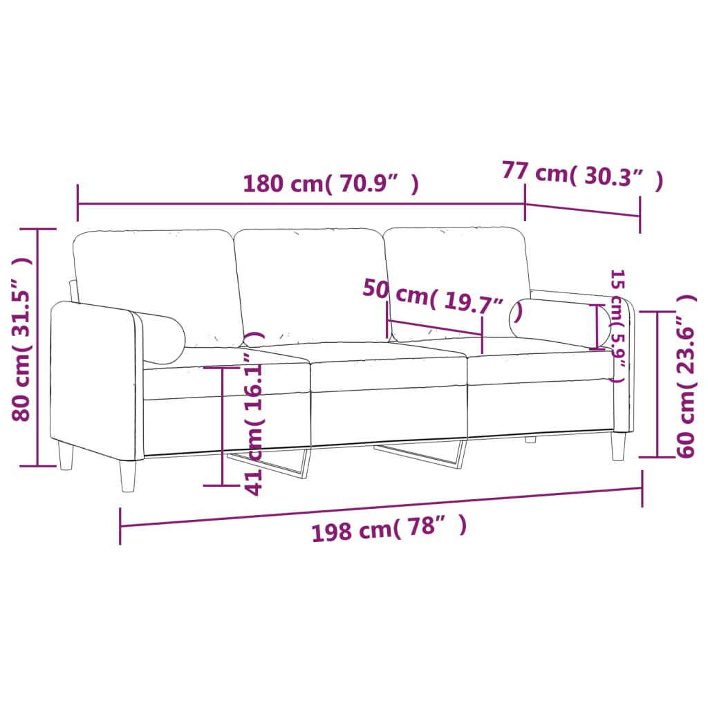 3 személyes kék bársony kanapé díszpárnákkal 180 cm