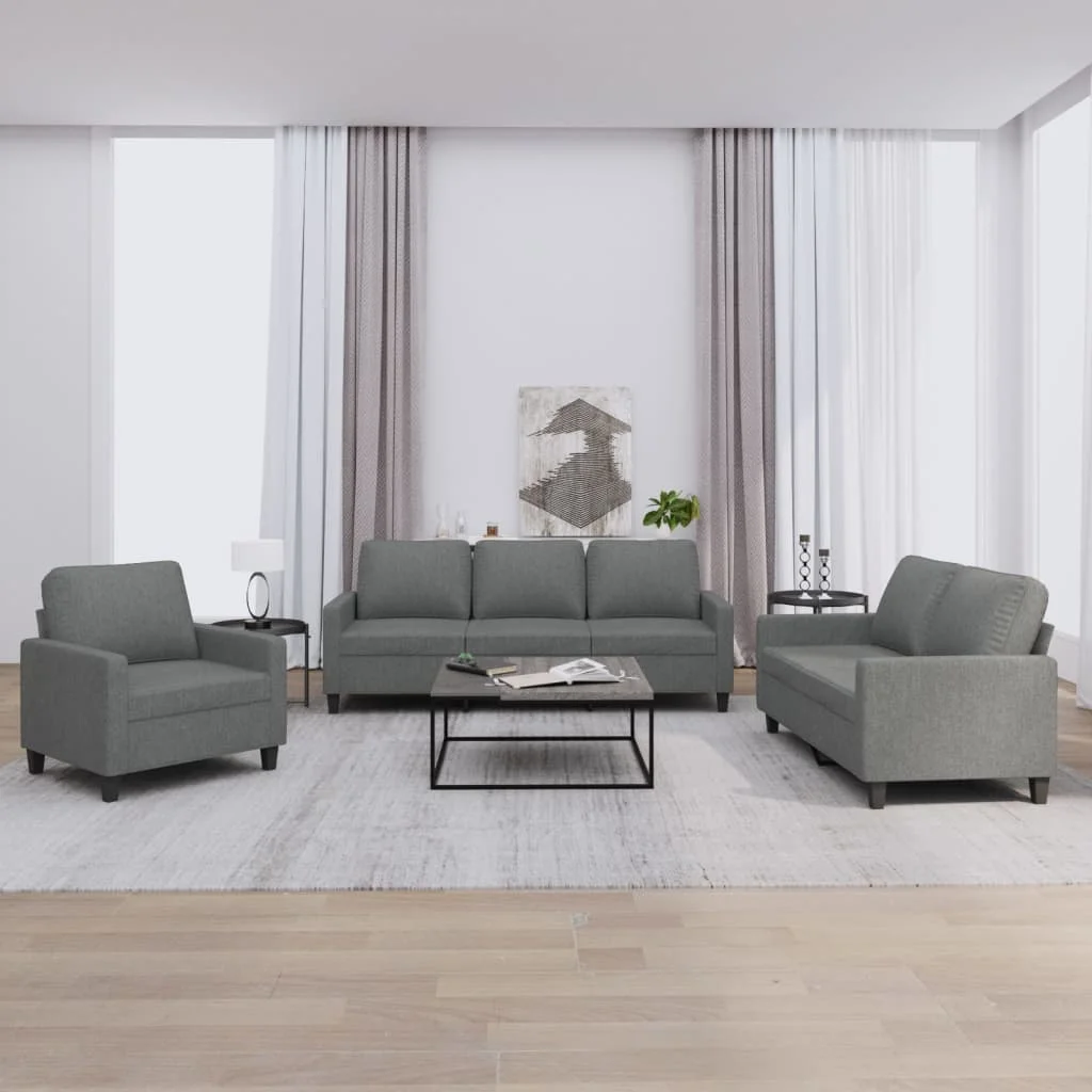 3 részes sötétszürke szövet ülőgarnitúra párnákkal