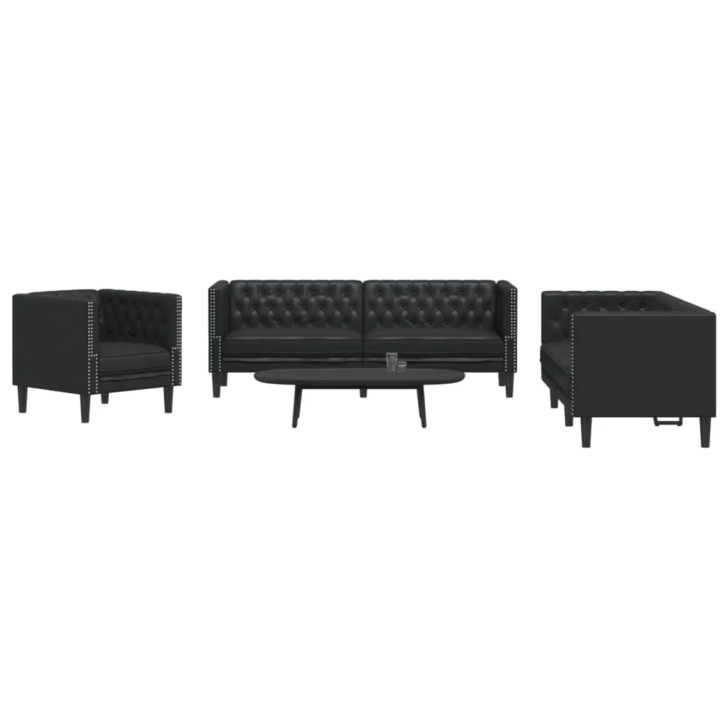 3 részes fekete műbőr Chesterfield kanapégarnitúra