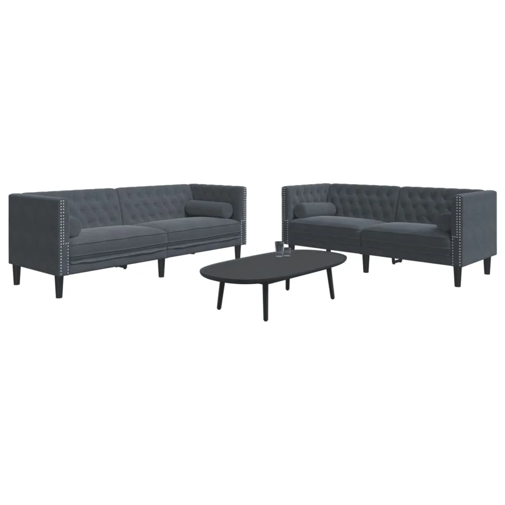 2 részes sötétszürke bársony Chesterfield kanapészett párnákkal