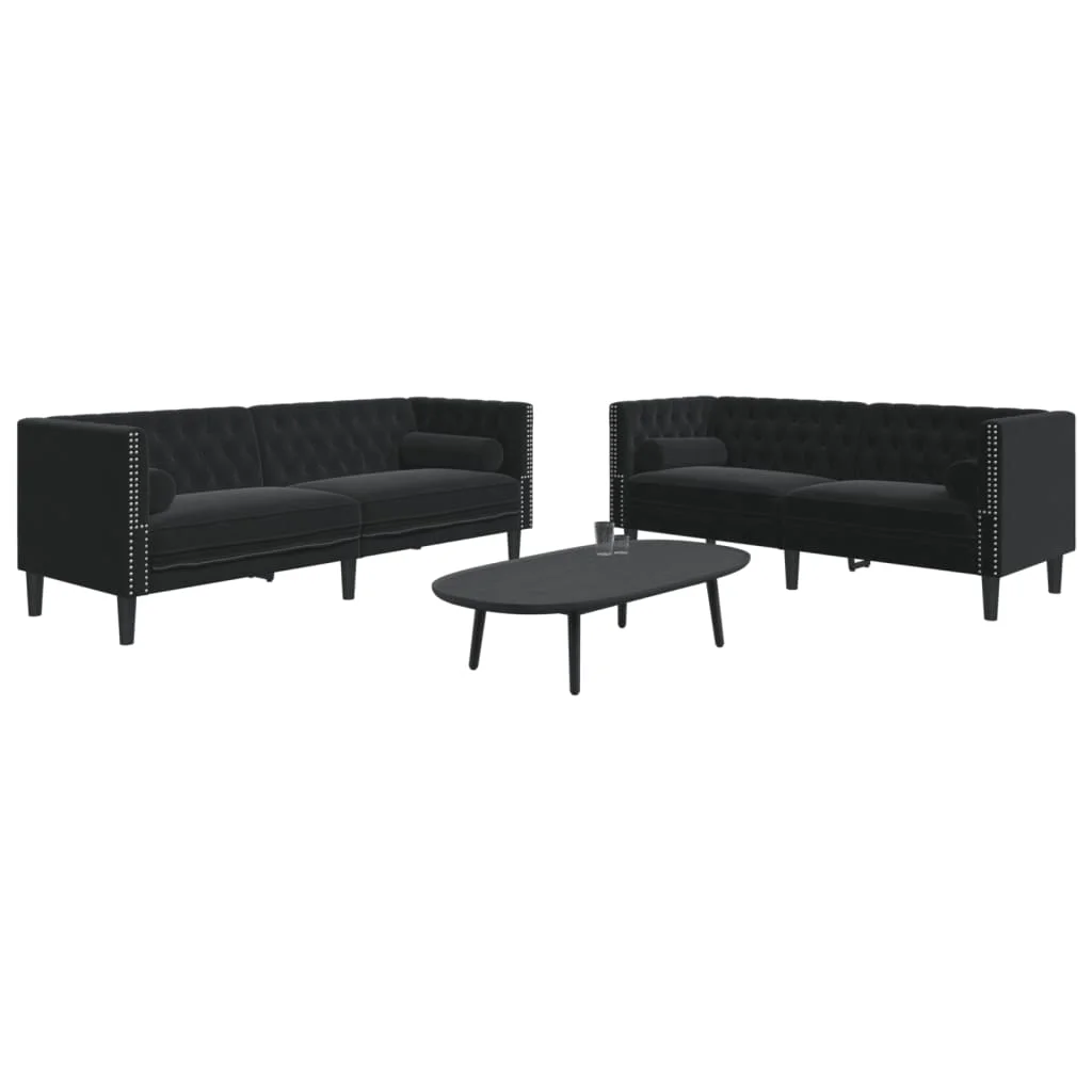 2 részes fekete bársony Chesterfield kanapészett párnákkal