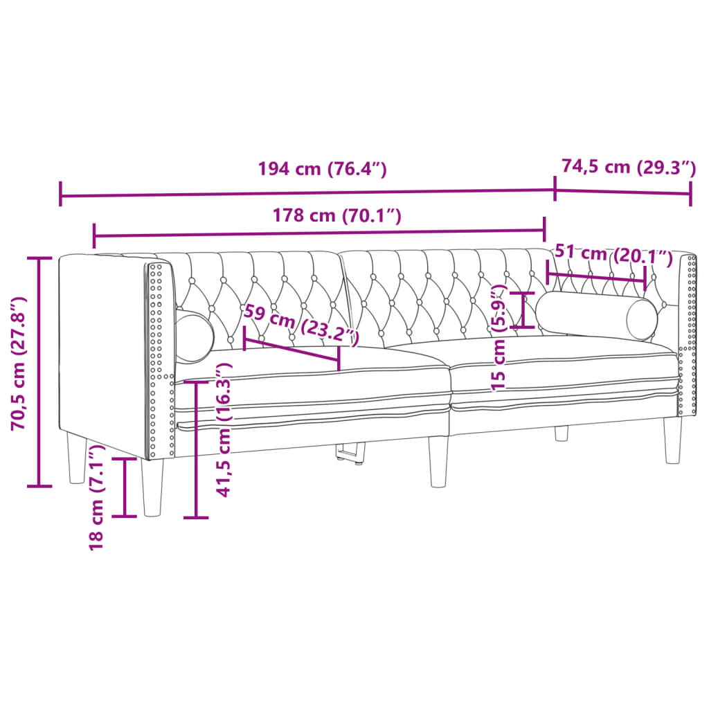 3 személyes sötétszürke bársony Chesterfield kanapé párnákkal