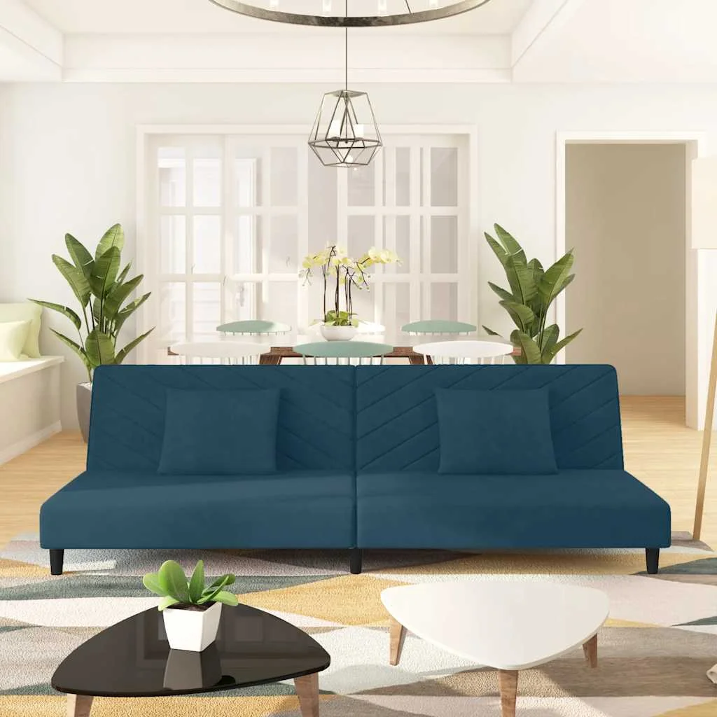 Kétszemélyes kék bársony kanapéágy két párnával