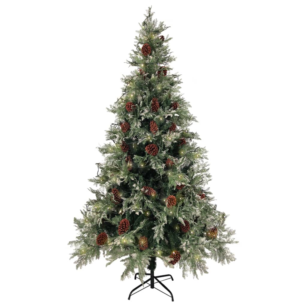 Zöld-fehér PVC és PE megvilágított karácsonyfa tobozzal 195 cm