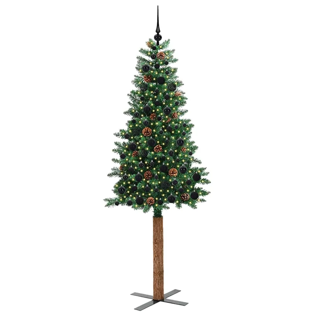 Karcsú karácsonyfa 300 LED-del Zöld 210 cm PVC és tömör fenyőfa