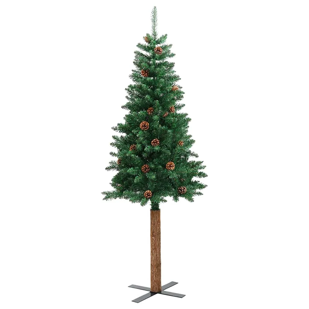 Karcsú karácsonyfa 300 LED-del Zöld 210 cm PVC és tömör fenyőfa