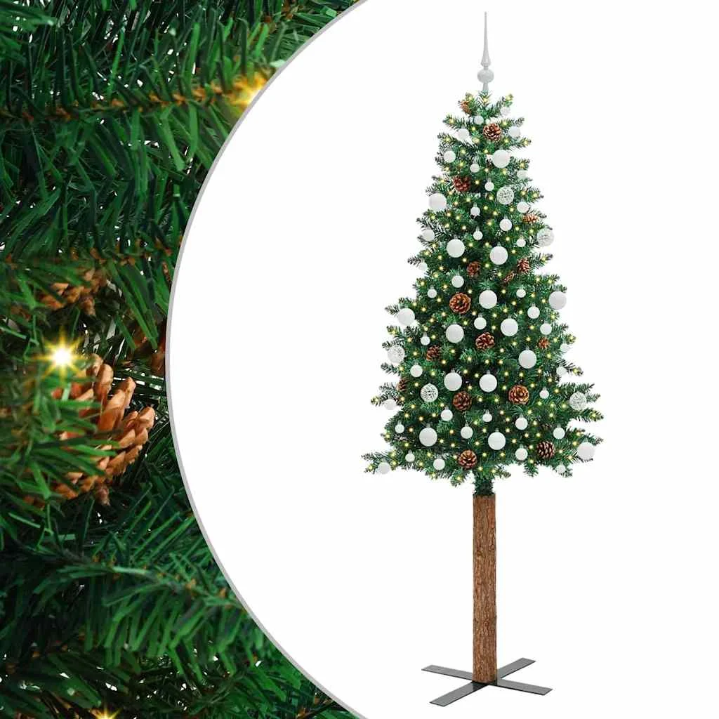 Karcsú karácsonyfa 300 LED-del Zöld 210 cm PVC és tömör fenyőfa