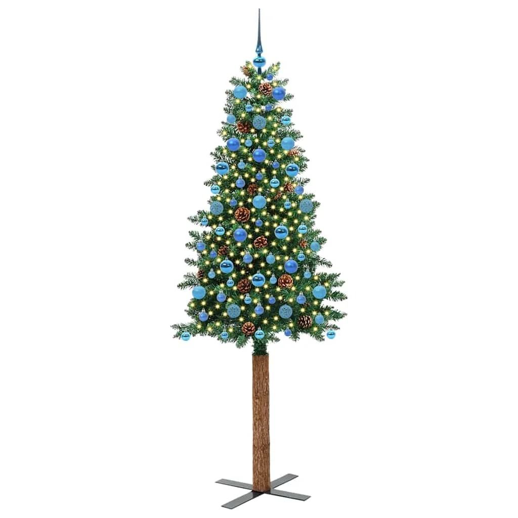 Karcsú karácsonyfa 300 LED-del Zöld 210 cm PVC és tömör fenyőfa