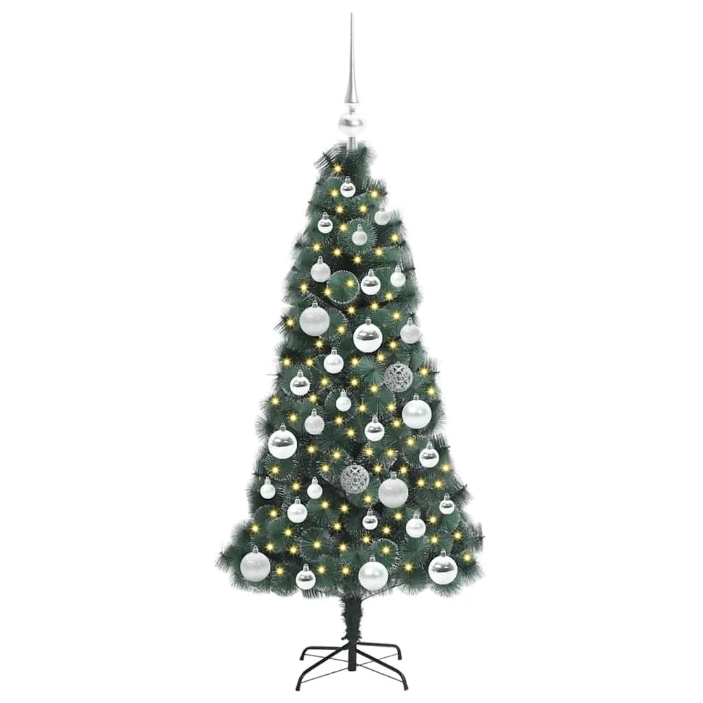 Műfenyő világítással és gömbökkel 150 LED-del Zöld 120 cm PET
