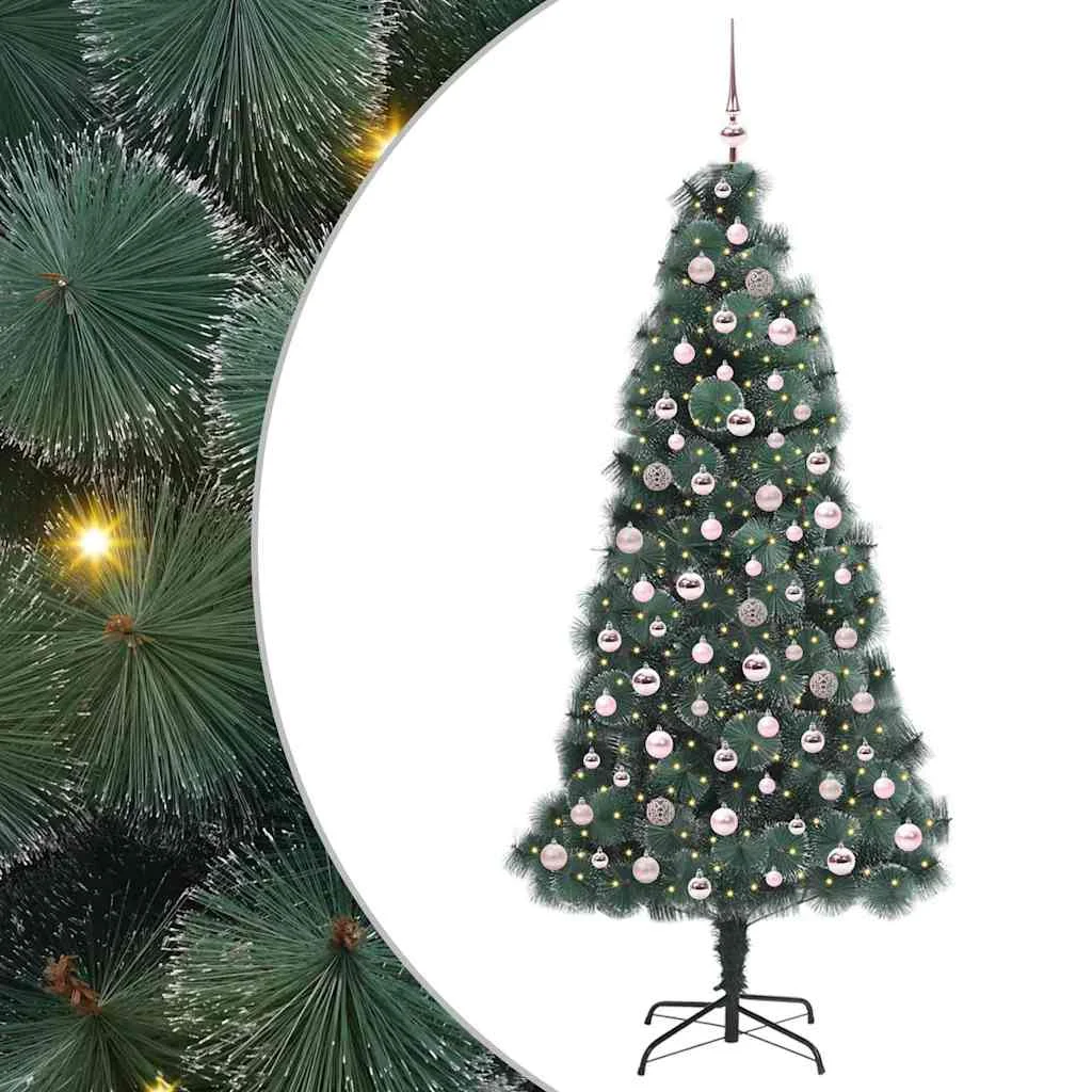 Műfenyő világítással és gömbszettel 300 LED-del Zöld 210 cm PET