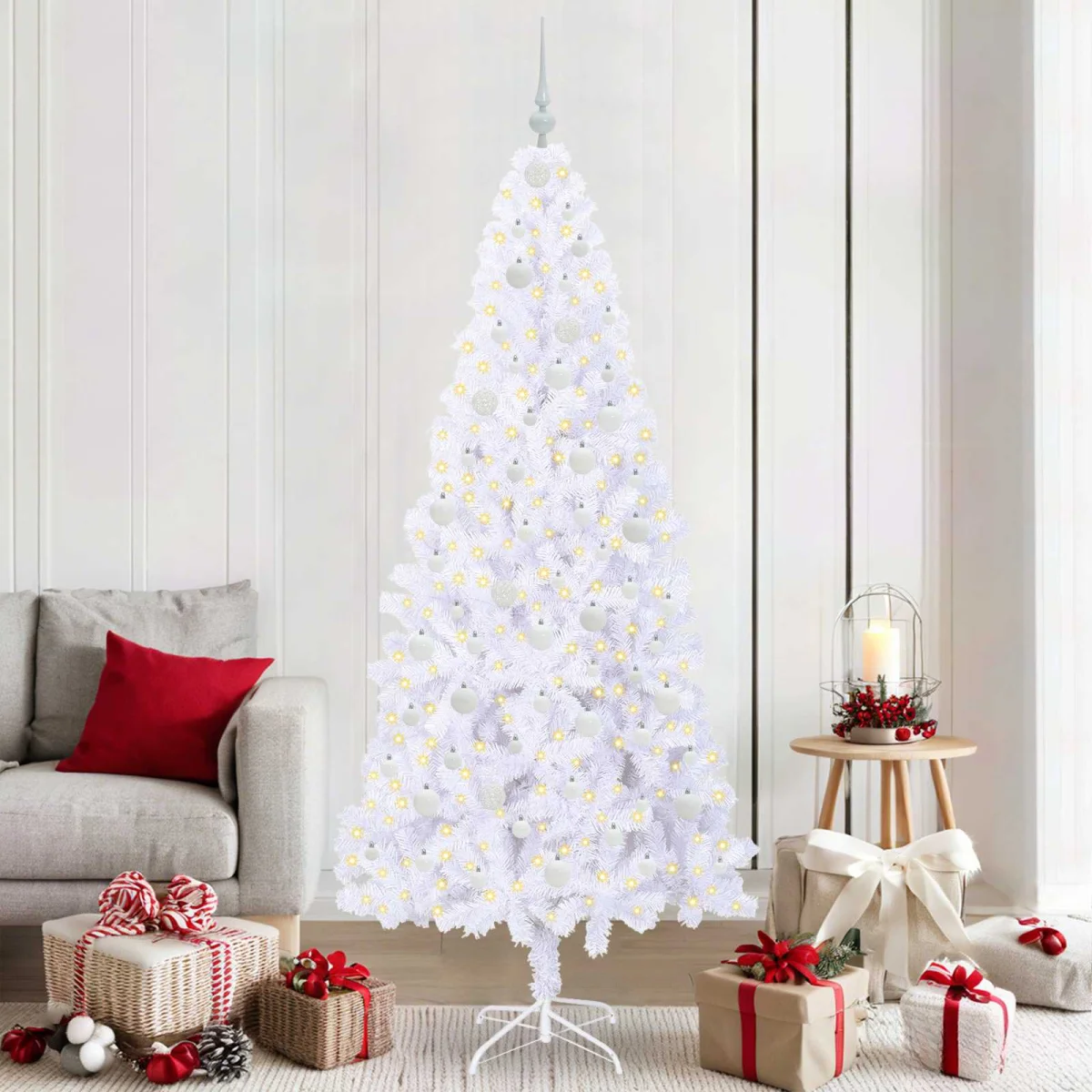 Mű karácsonyfa 300 LED-del állvánnyal Fehér 210 cm PVC és Acél