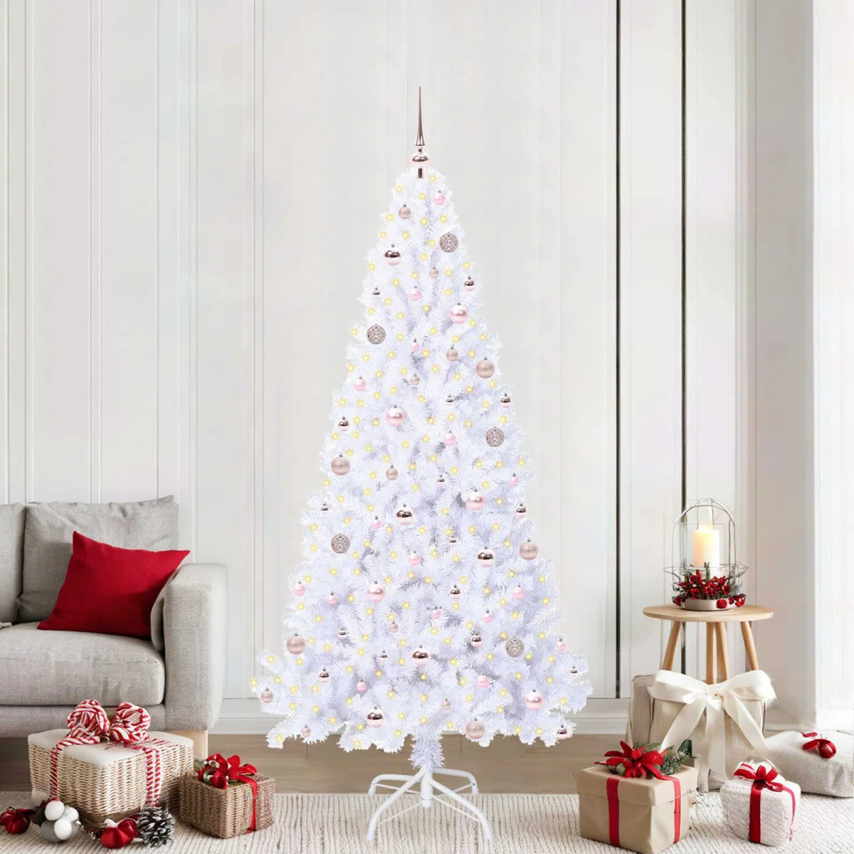 Mű karácsonyfa 300 LED-del állvánnyal Fehér 210 cm PVC és Acél