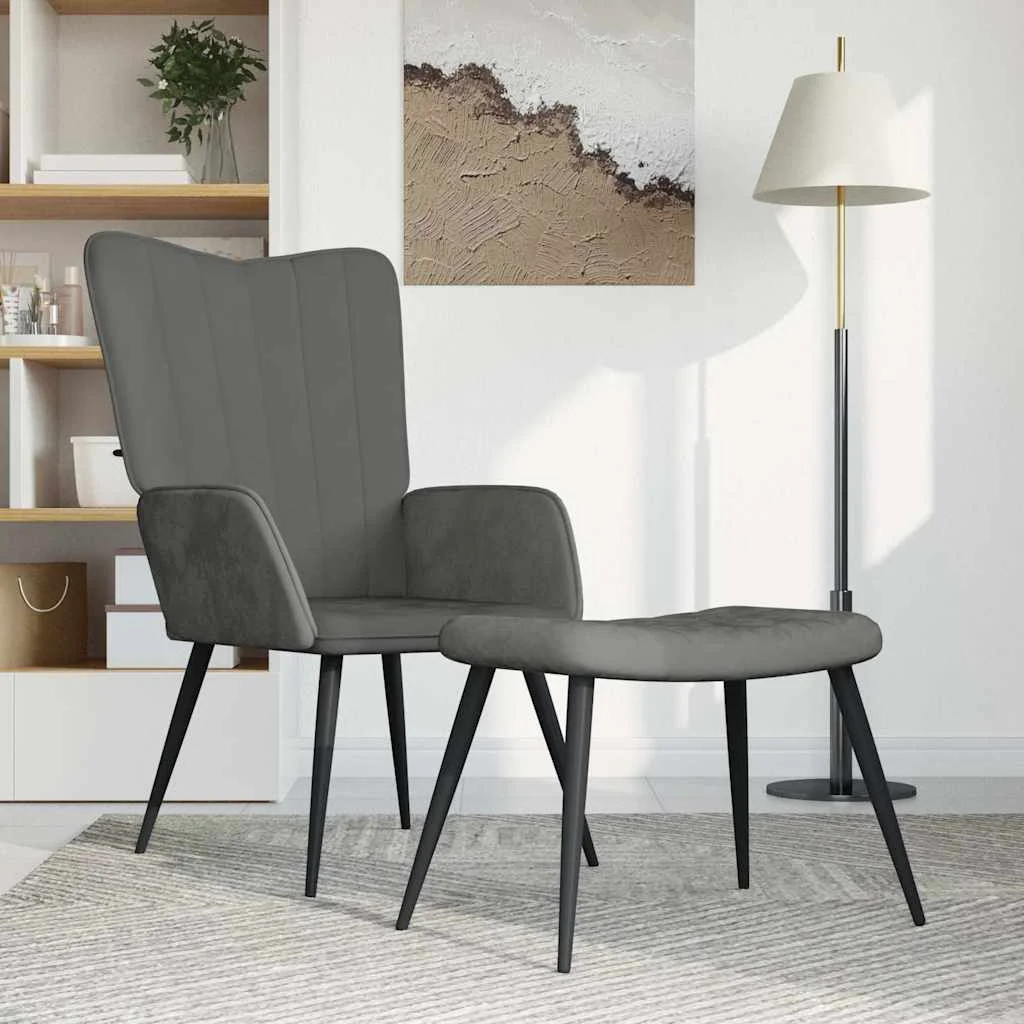 Sötétszürke bársony pihenőfotel lábtartóval