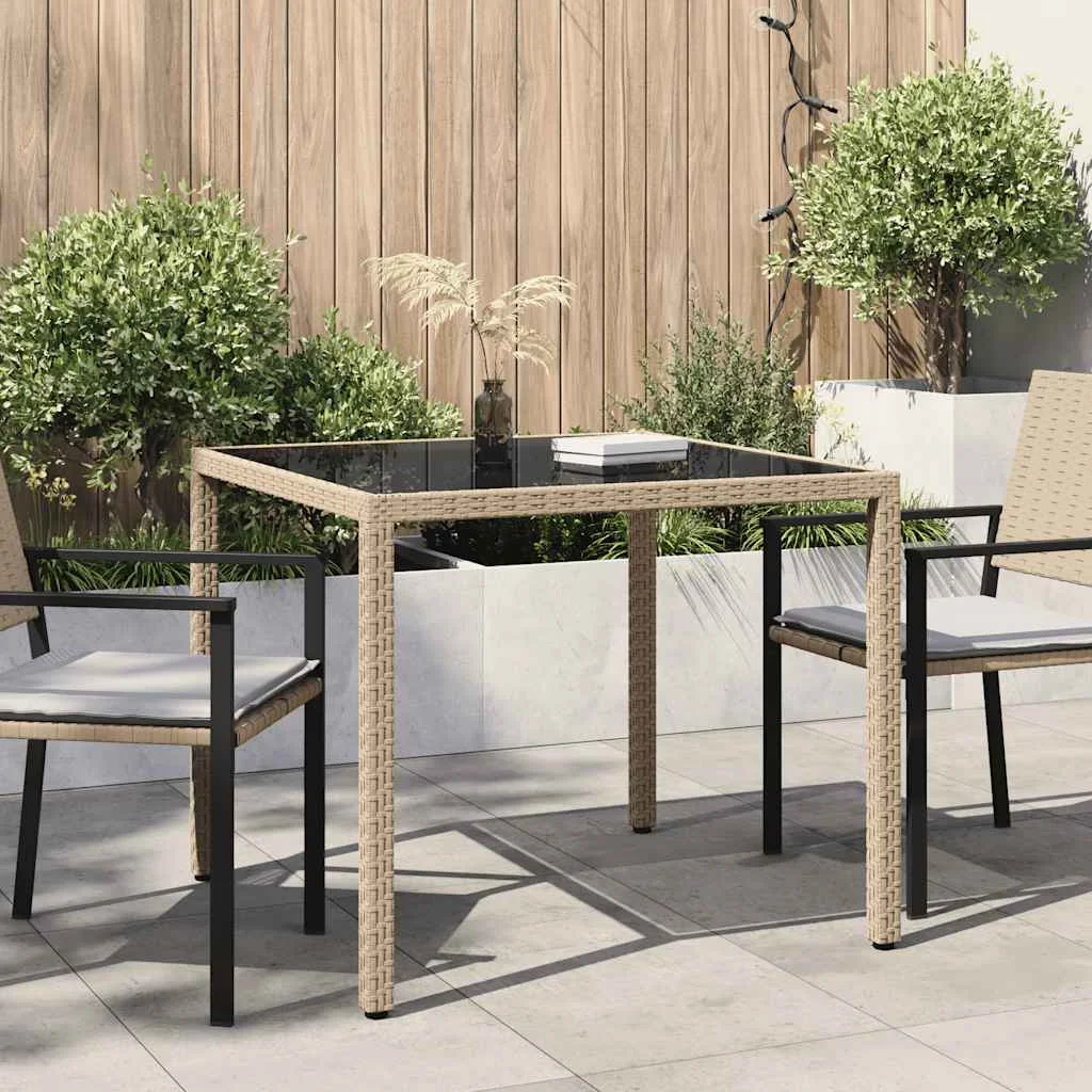 Bézs polyrattan és edzett üveg kerti asztal 90 x 90 x 75 cm