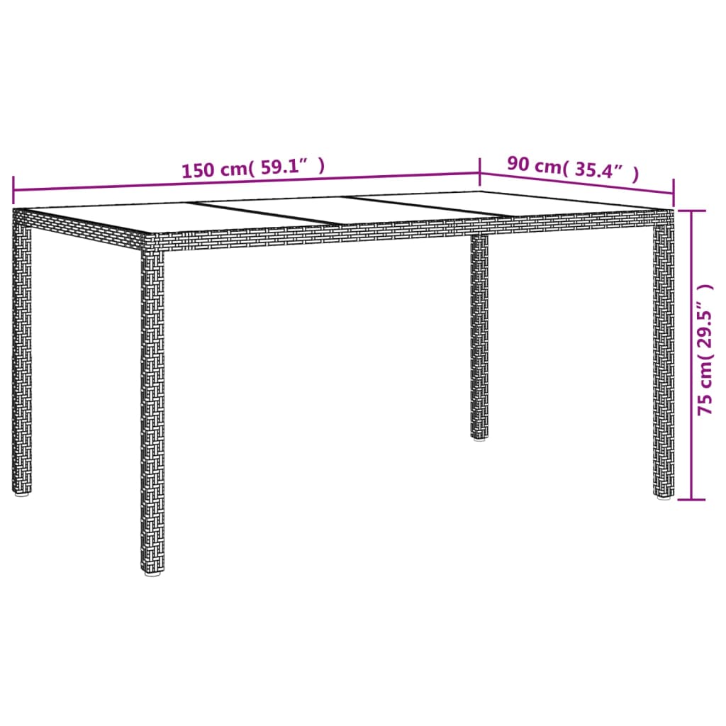 Szürke polyrattan és edzett üveg kerti asztal 150 x 90 x 75 cm