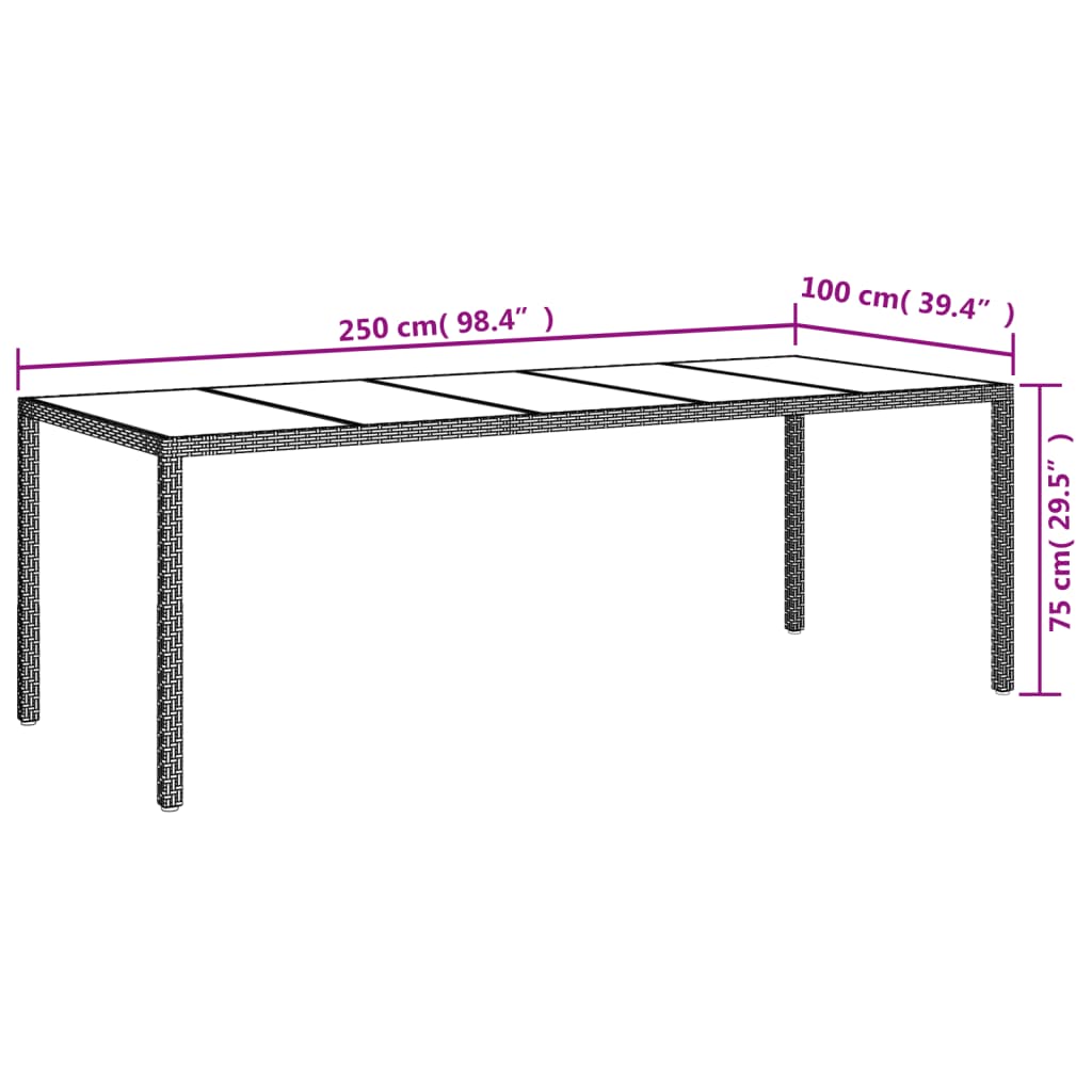 Barna polyrattan és edzett üveg kerti asztal 250 x 100 x 75 cm