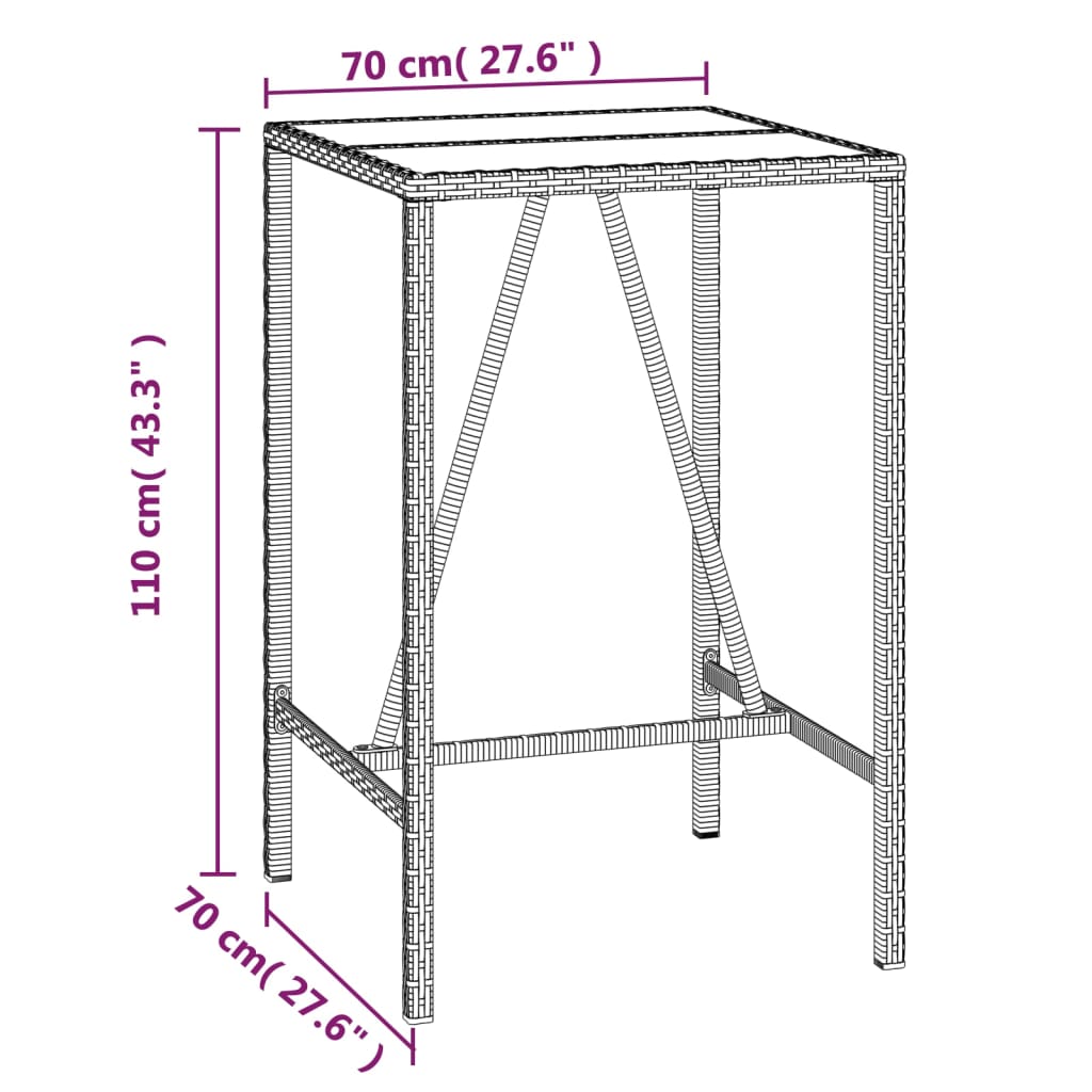 Fekete polyrattan üveglapos bárasztal 70 x 70 x 110 cm