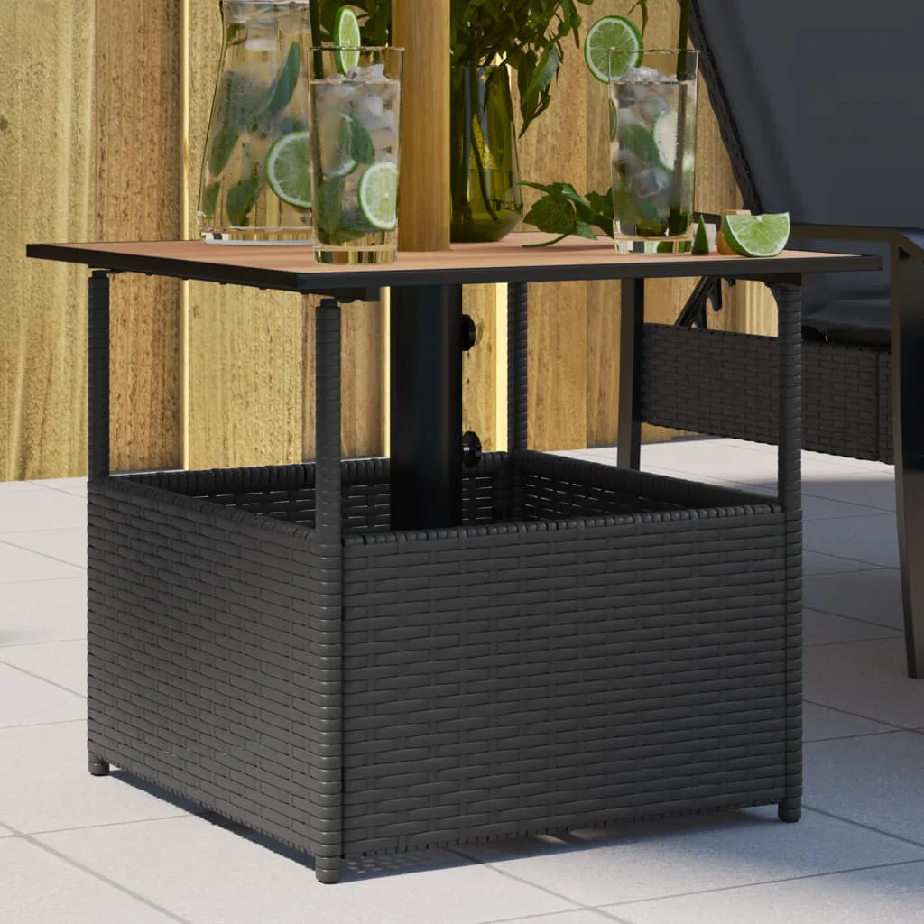 Fekete polyrattan kerti asztal napernyőlyukkal 55x55x46,5 cm