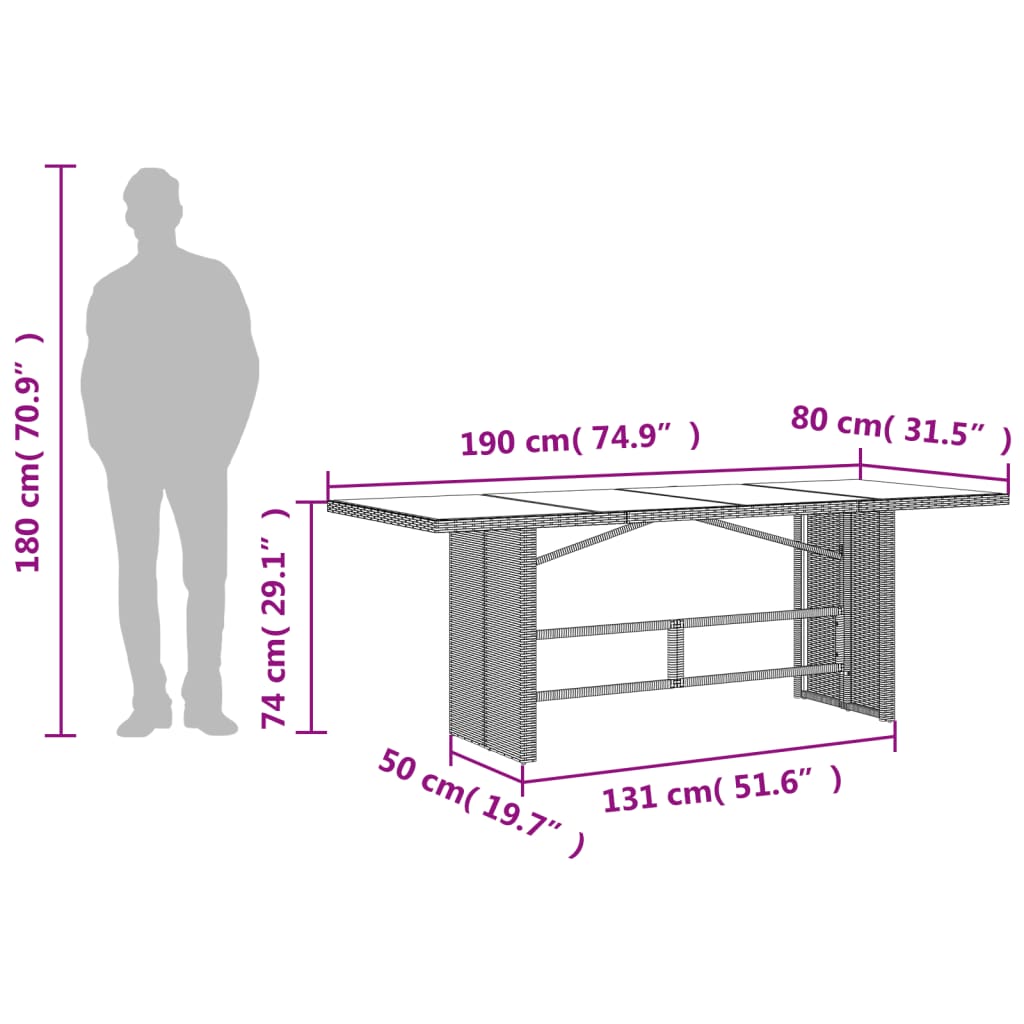 Szürke polyrattan üveglapos kerti asztal 190x80x74 cm