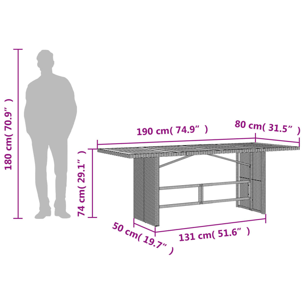 Bézs polyrattan akácfa lapos kerti asztal 190 x 80 x 74 cm