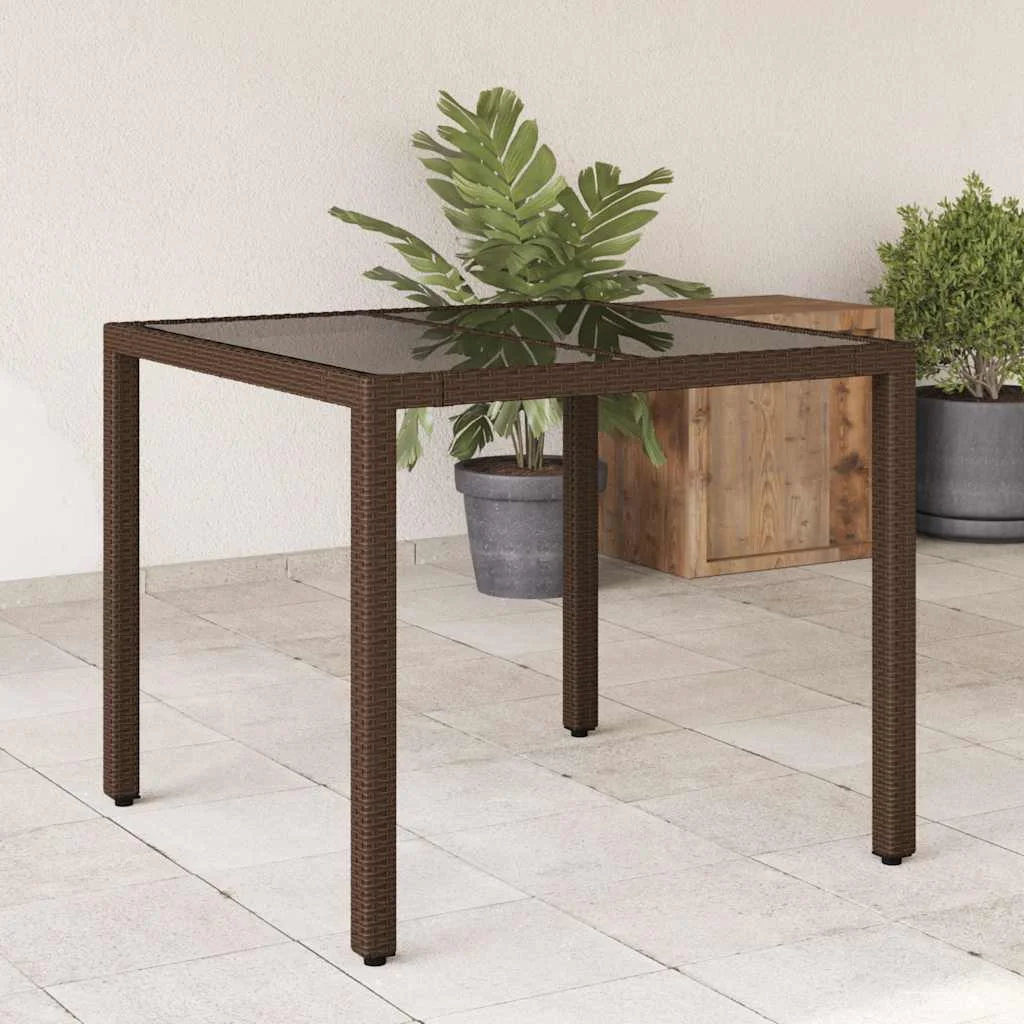 Barna polyrattan üveglapos kerti asztal 90 x 90 x 75 cm