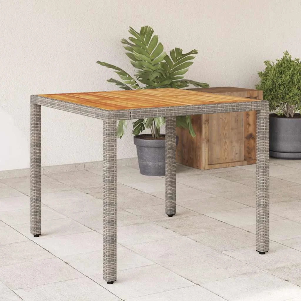 Szürke polyrattan kerti asztal akácfa lappal 90 x 90 x 75 cm
