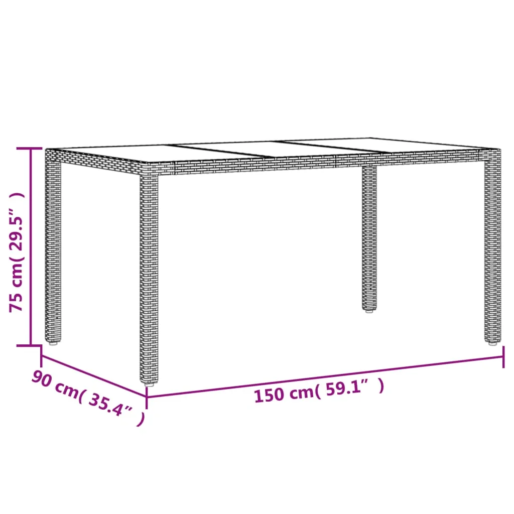 Szürke polyrattan üveglapos kerti asztal 150 x 90 x 75 cm