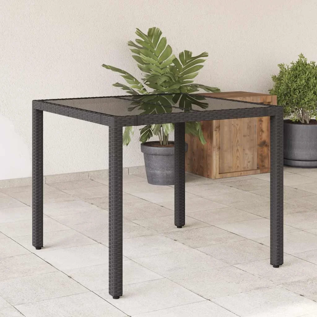 Fekete polyrattan üveglapos kerti asztal 90 x 90 x 75 cm