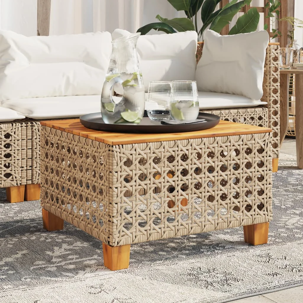 Bézs polyrattan és akácfa kerti asztal 55 x 55 x 36 cm