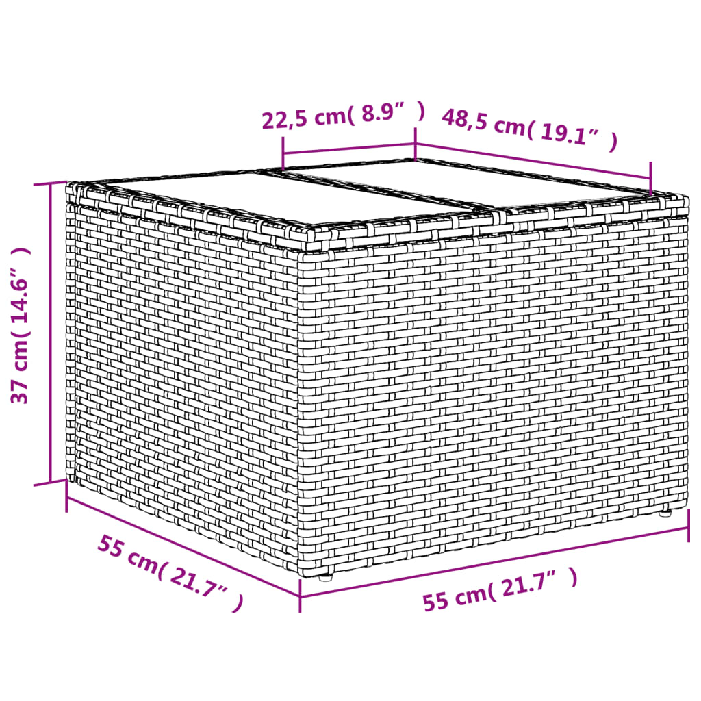 Fekete polyrattan üveglapos kerti asztal 55 x 55 x 37 cm