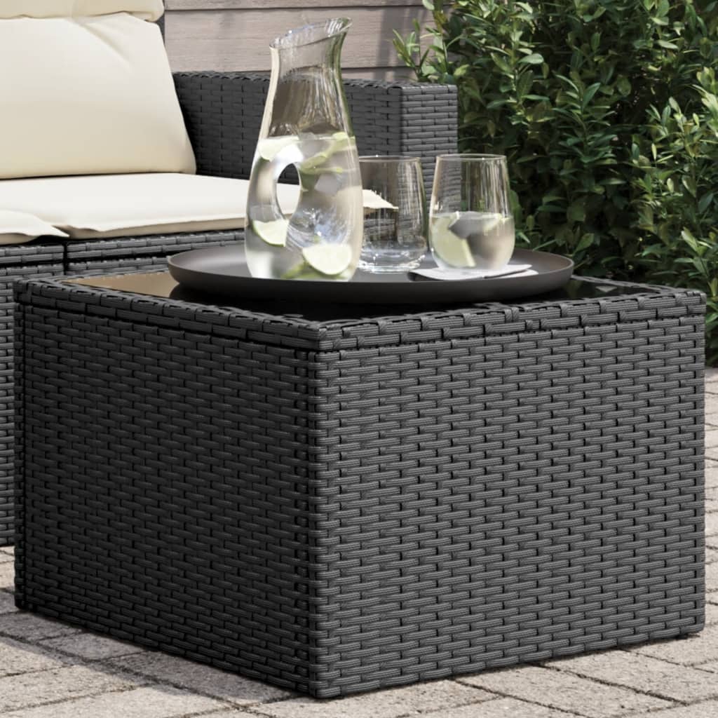 Fekete polyrattan üveglapos kerti asztal 55 x 55 x 37 cm